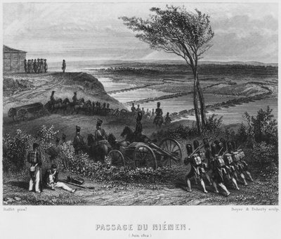 Attraversamento del fiume Niemen nel giugno 1812, inciso da Beyer e Doherty da Denis Auguste Marie Raffet